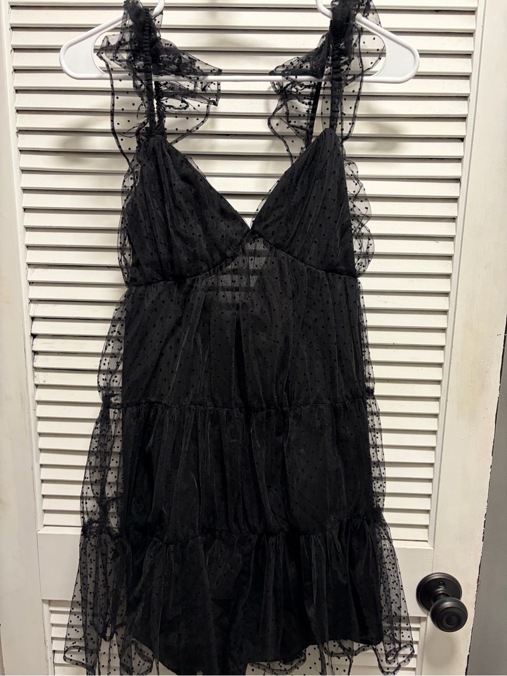 Lush Sheer Black Polka Dot Ruffle Mini Dress. Size M.